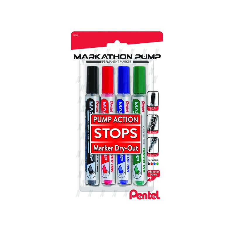Pentel Markathon Pump Permanent Marker, Chisel Tip, Assorted Colors, 4 Pack (NLF60XBP4M) - Image 1